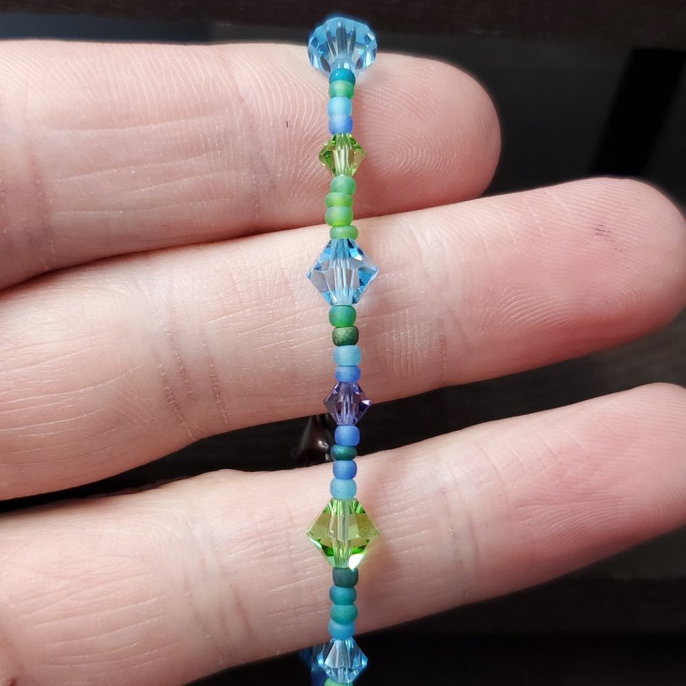 7 Inch Sterling Silver Crystal And Beads Blue Green Bracelet